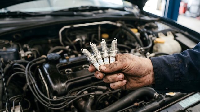 Auto Technician Displaying Set of Used Spark Plugs: Close‑Up of Greasy Gloved Hand Holding Four Plugs Over the Engine Compartment to Illustrate Wear Patterns, Fouling and Need for Replacement During R