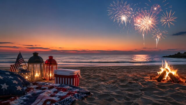 Fourth of July beach celebration with campfire and fireworks