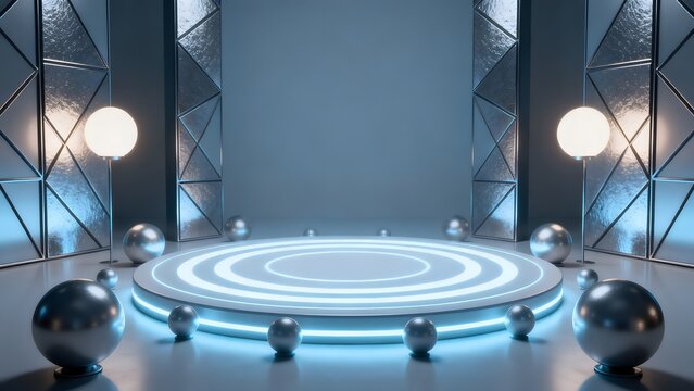 Futuristic stage with glowing spheres