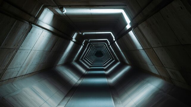 Hexagonal concrete tunnel with linear lighting, creating a futuristic and mysterious perspective leading into darkness.