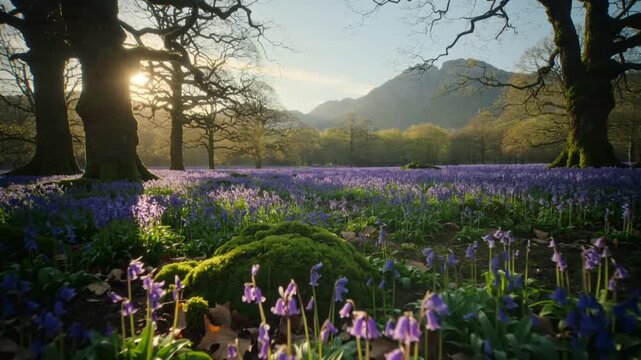 Moving camera pushing forward and lowering in woodland glade, revealing bluebells and mossy root
