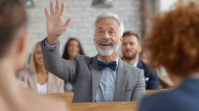 A participant raises their hand at an auction. A man raises his hand to place a bid at an auction. Live bidding, excitement, and competition among participants.