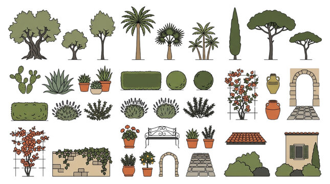 Colored Mediterranean Garden Element Collection with Trees, Plants, Architectural Features and Landscape Symbols for Site Drawings
