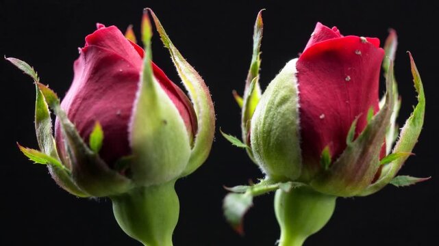 Time-lapse showing two red rose buds opening in studio closeup, signaling early bloom with dewdrops