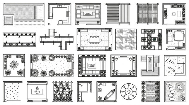 Outdoor Terrace and Patio Floor Plan CAD Block Collection with Furniture, Pool, Garden and Landscape Layout Variations
