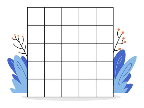 Blank 5x5 grid table with floral elements vector illustration. Time management, schedule planning, habit tracking, monthly organization, productivity, journaling. Empty calendar template with leaves