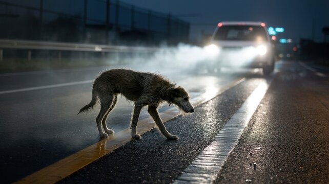 Wet, stray dog walks on a wet road at dusk with approaching car headlights and mist