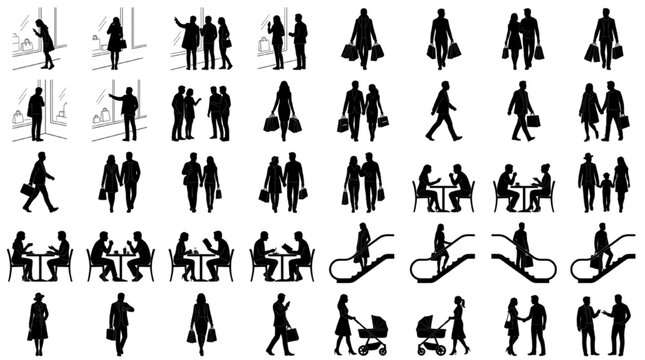 Retail Shopping People Silhouette CAD Block Collection with Shoppers, Couples, Cafe Diners and Escalator Figures for Architectural Renderings
