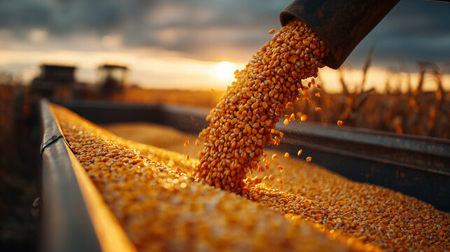 Golden corn harvest pouring into trailer at sunset on agricultural farm field