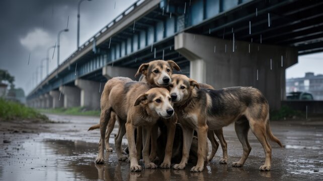 Four stray dogs huddle together for warmth and comfort under a rainy overpass, seeking shelter from the downpour.