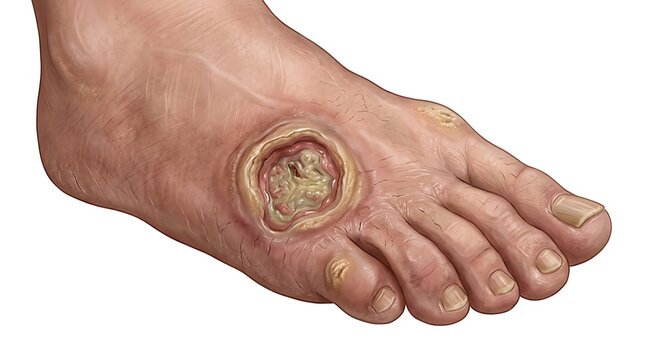 Diabetic foot ulcer on human skin illustration