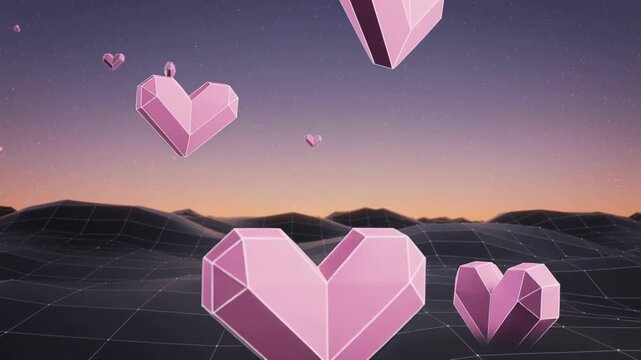 Animation starting low-polygon pink hearts drifting to foreground over retro grid plain for depth