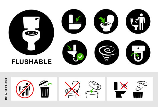 Flush toilet icon set. The outline icons are well scalable and editable. Contrasting elements are good for different backgrounds. Ideal for use in design, packaging, etc. EPS10.