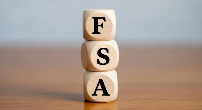 FSA acronym on wooden blocks, flexible spending account concept, healthcare financial planning with wood cubes on desk