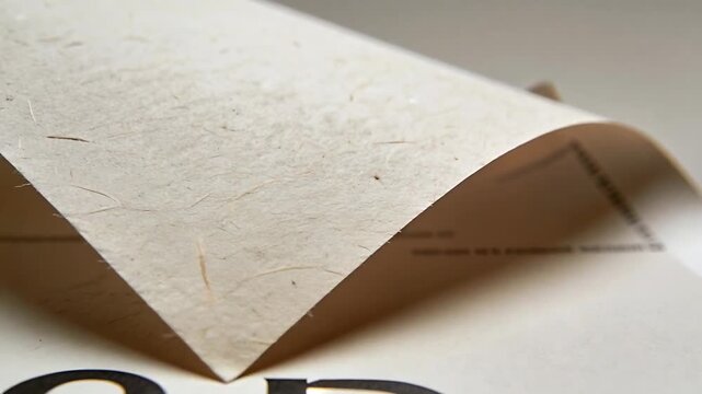 Fold lifting curling textured beige paper forming apex at desk revealing bold black text beneath