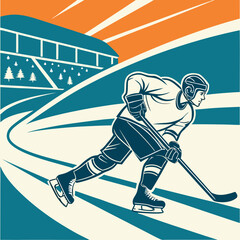 Obraz premium Hockey player skating on ice in stadium background with competition, tournament
