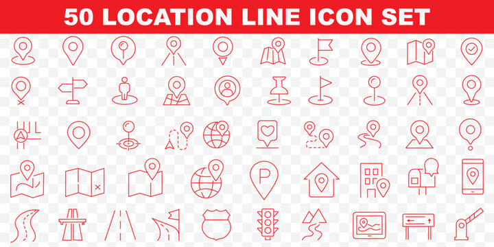 Map and location icon set. Navigation, GPS, direction, travel, route, destination, road, navigator icons. Thin line editable stroke vector illustrations. Map pin thin line icon set. destination point