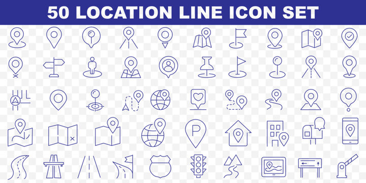 Map and location icon set. Navigation, GPS, direction, travel, route, destination, road, navigator icons. Thin line editable stroke vector illustrations. Map pin thin line icon set. destination point