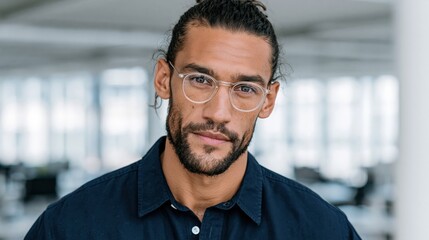 Obraz premium Man wearing glasses looking at camera in office environment