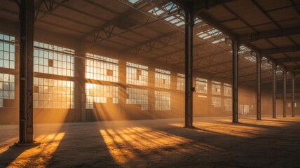 Fototapeta premium Sunbeams stream through the large windows of an abandoned industrial warehouse, illuminating dust particles in the warm golden light.