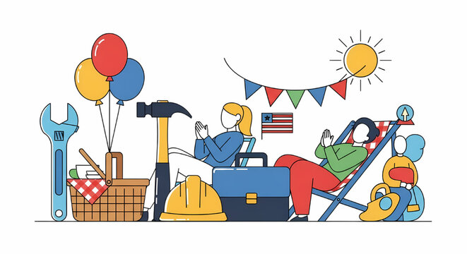 People celebrating memorial day with holiday decorations and tools