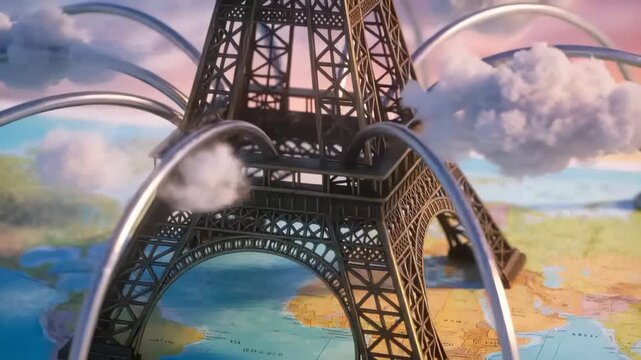 Animation starting, miniature Eiffel Tower sprouting cloud puffs on tabletop map, arcs for whimsy