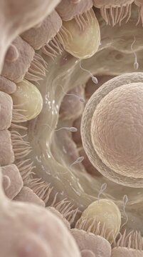 Cellular life initiate: sperm navigation, ovum unite, human reproduction, fertilization process, embryonic development, internal system, microscopic cell, zygote division, new beginning.