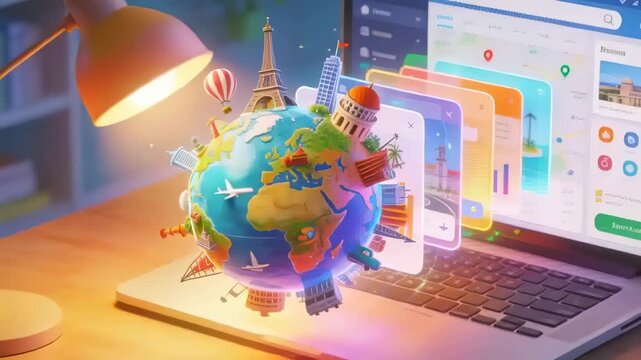 Rotating 3D globe emerging from laptop display, hovering above keyboard in study, showing travel UI