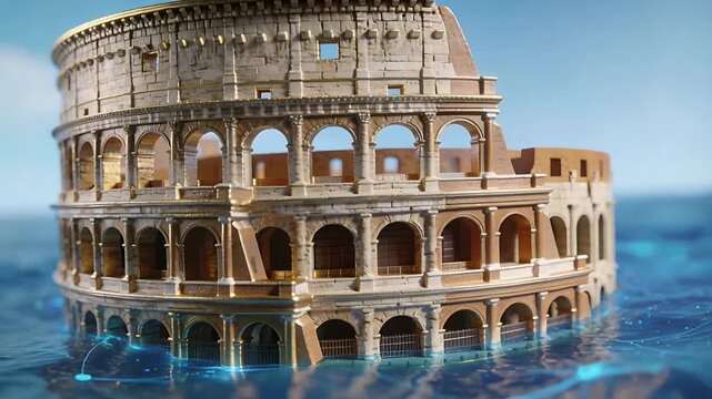 Camera pulling back and arcing left, revealing Colosseum amphitheater model on node-lit water