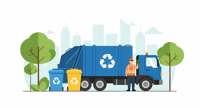 Waste management truck and sanitation worker