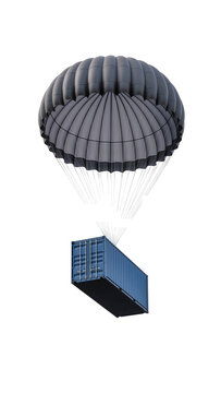 Isolated shipping container with parachute for cargo delivery and global logistics concept