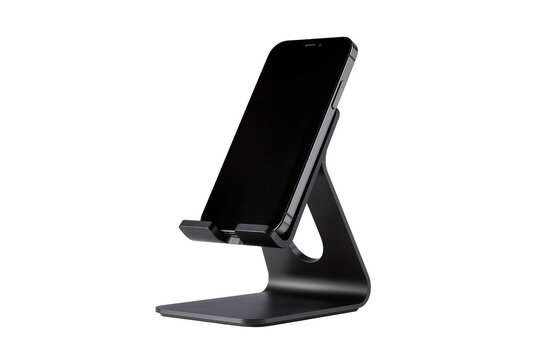 Isolated black smartphone with blank screen held vertically in a modern desk stand accessory