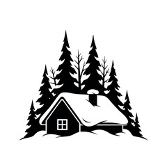Obraz premium Cozy Cabin in Snowy Forest Silhouette 1.