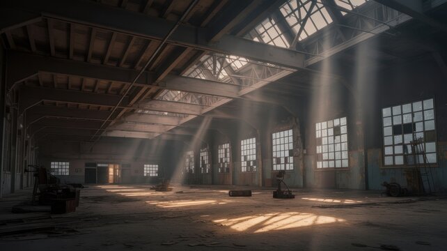 Ethereal sunbeams pierce the dusty gloom of a vast, abandoned industrial warehouse, illuminating forgotten machinery and a sense of lost time.
