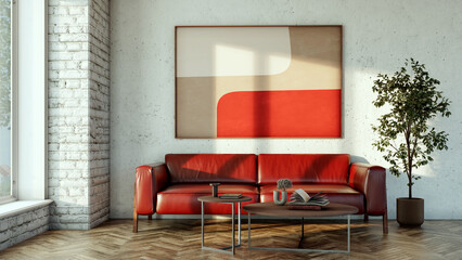 Fototapeta premium 3D render, illustration Large Luxury modern living room interior, brutalist architecture realistic lighting, Graphic Overlay wide angle, contemporary furniture, clean lines, minimalist decor, elegan