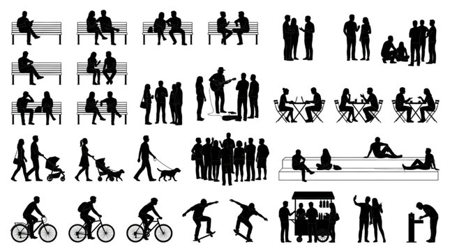 Public Space People Silhouette CAD Block Set with Bench Seating, Street Musicians, Crowds, Cyclists and Urban Leisure Figures for Architectural Renderings
