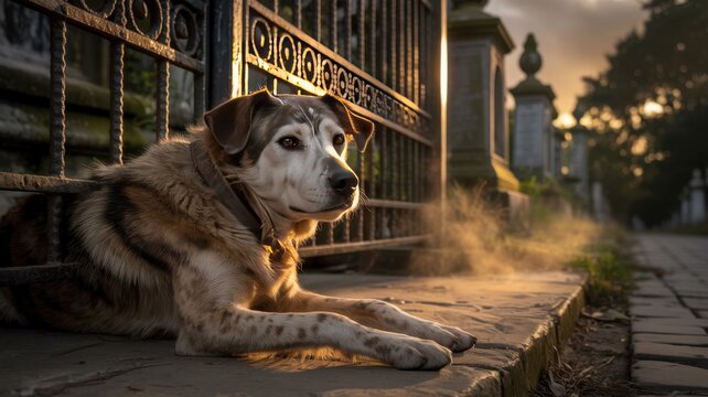 A loyal dog rests by an ornate wrought-iron fence at sunset, bathed in golden light, with a cobblestone path stretching into the distance.