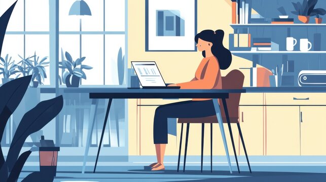 Woman working remotely from a desk in a stylish and bright home office setup