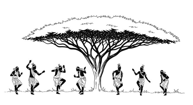 African dancers in traditional clothing dance.