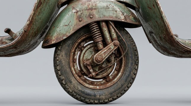 Closeup of a Rusty Vintage Scooter Wheel and Suspension.