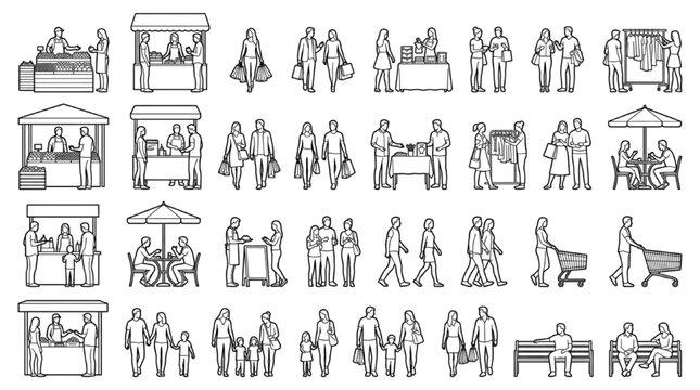 Outdoor Market and Retail People CAD Block Collection with Vendors, Shoppers, Stalls, Carts and Street Commerce Figures for Urban Architecture Drawings
