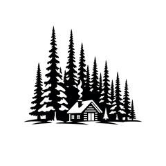 Fototapeta premium Rustic Cabin Nestled Among Tall Evergreen Trees.