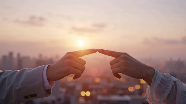 夕焼けの街明かりを背景に小指をつなぐ日本人二人の都会的な約束