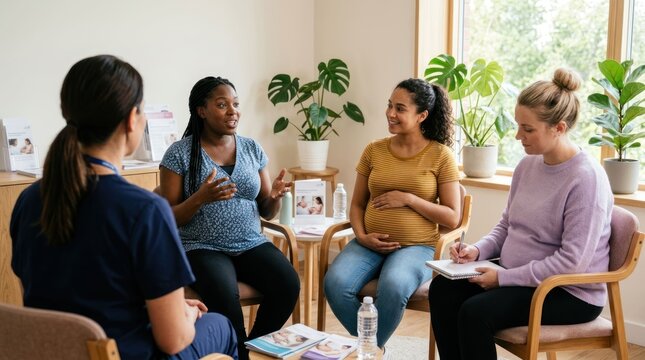 Diverse pregnant women attending a prenatal class discussing health and wellness.