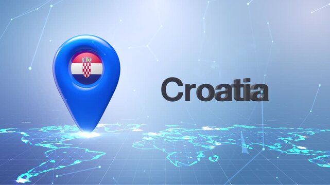 Croatia Flag Inside Location Pin On Digital World Map Animation