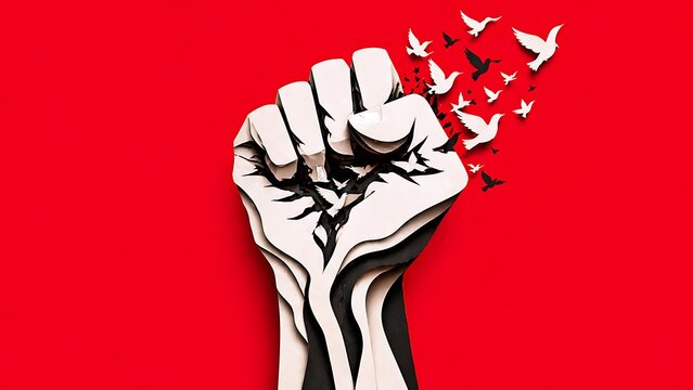 Abstract Freedom Fist Releasing Birds Symbolic Liberation Concept Art