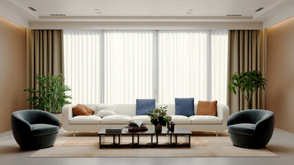 Obraz premium 3D render, illustration Large Luxury modern living room interior, brutalist architecture realistic lighting, Graphic Overlay wide angle, contemporary furniture, clean lines, minimalist decor, elegan