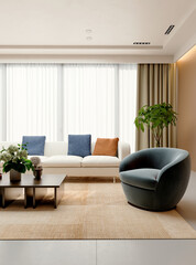 Obraz premium 3D render, illustration Large Luxury modern living room interior, brutalist architecture realistic lighting, Graphic Overlay wide angle, contemporary furniture, clean lines, minimalist decor, elegan