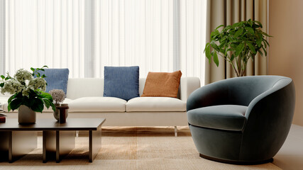 Obraz premium 3D render, illustration Large Luxury modern living room interior, brutalist architecture realistic lighting, Graphic Overlay wide angle, contemporary furniture, clean lines, minimalist decor, elegan