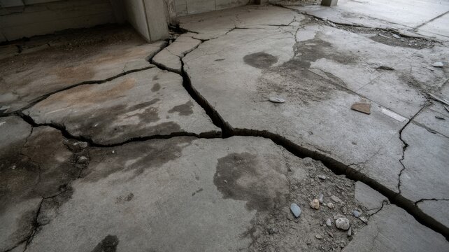 Extensive concrete floor cracks and damage, indicating structural failure, earthquake aftermath, or construction site issues.